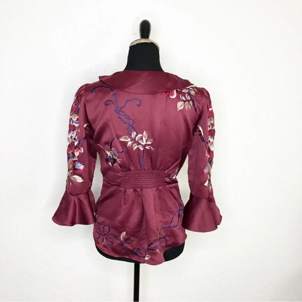 Free People maroon red embroidered floral collared hook front top size Small